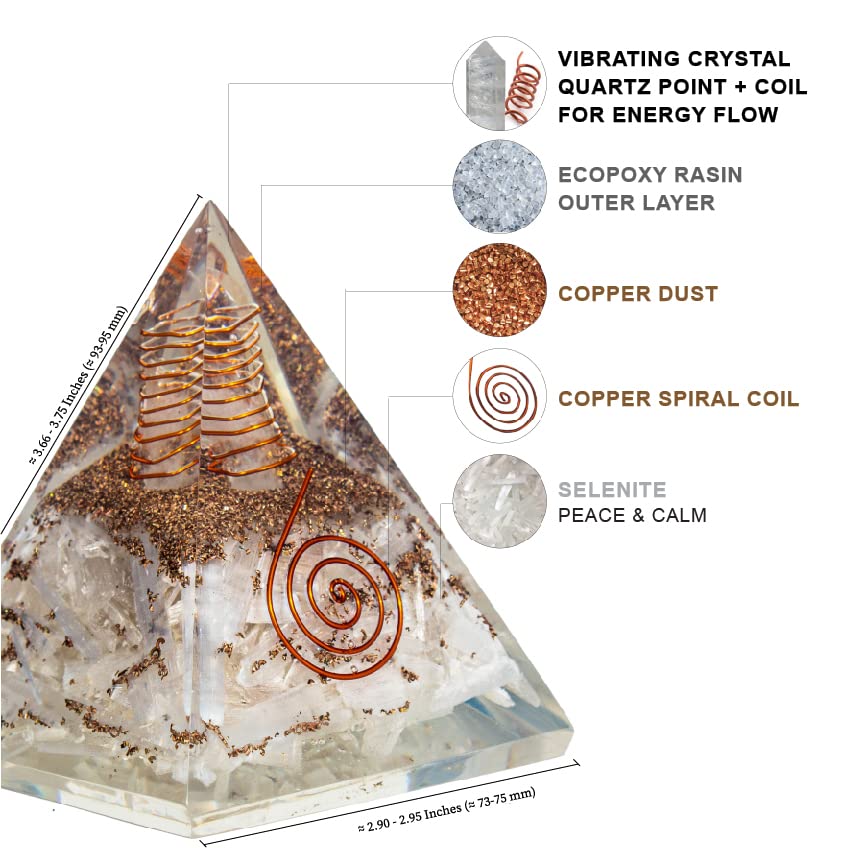 Selenite Orgonite Pyramid for Clarity, Emotional Healing, Spiritual Connection | Orgonite orgone pyramids with Copper Coil and Crystal Quartz for Chakra Protection (Selenite)