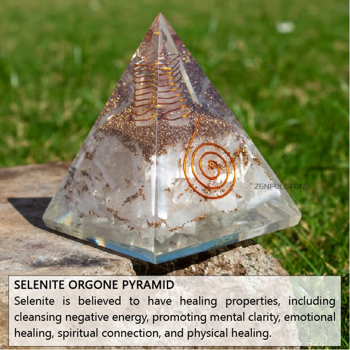 Selenite Orgonite Pyramid for Clarity, Emotional Healing, Spiritual Connection | Orgonite orgone pyramids with Copper Coil and Crystal Quartz for Chakra Protection (Selenite)