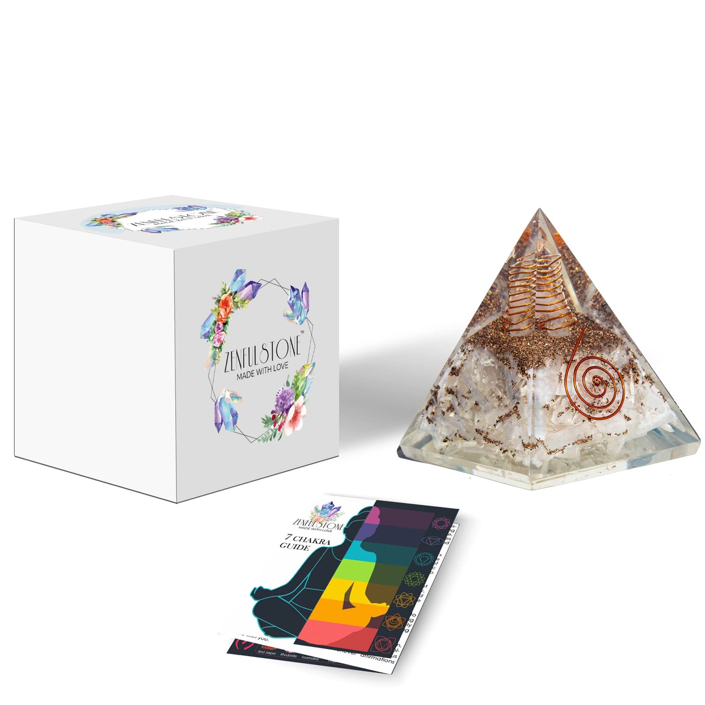 Selenite Orgonite Pyramid for Clarity, Emotional Healing, Spiritual Connection | Orgonite orgone pyramids with Copper Coil and Crystal Quartz for Chakra Protection (Selenite)