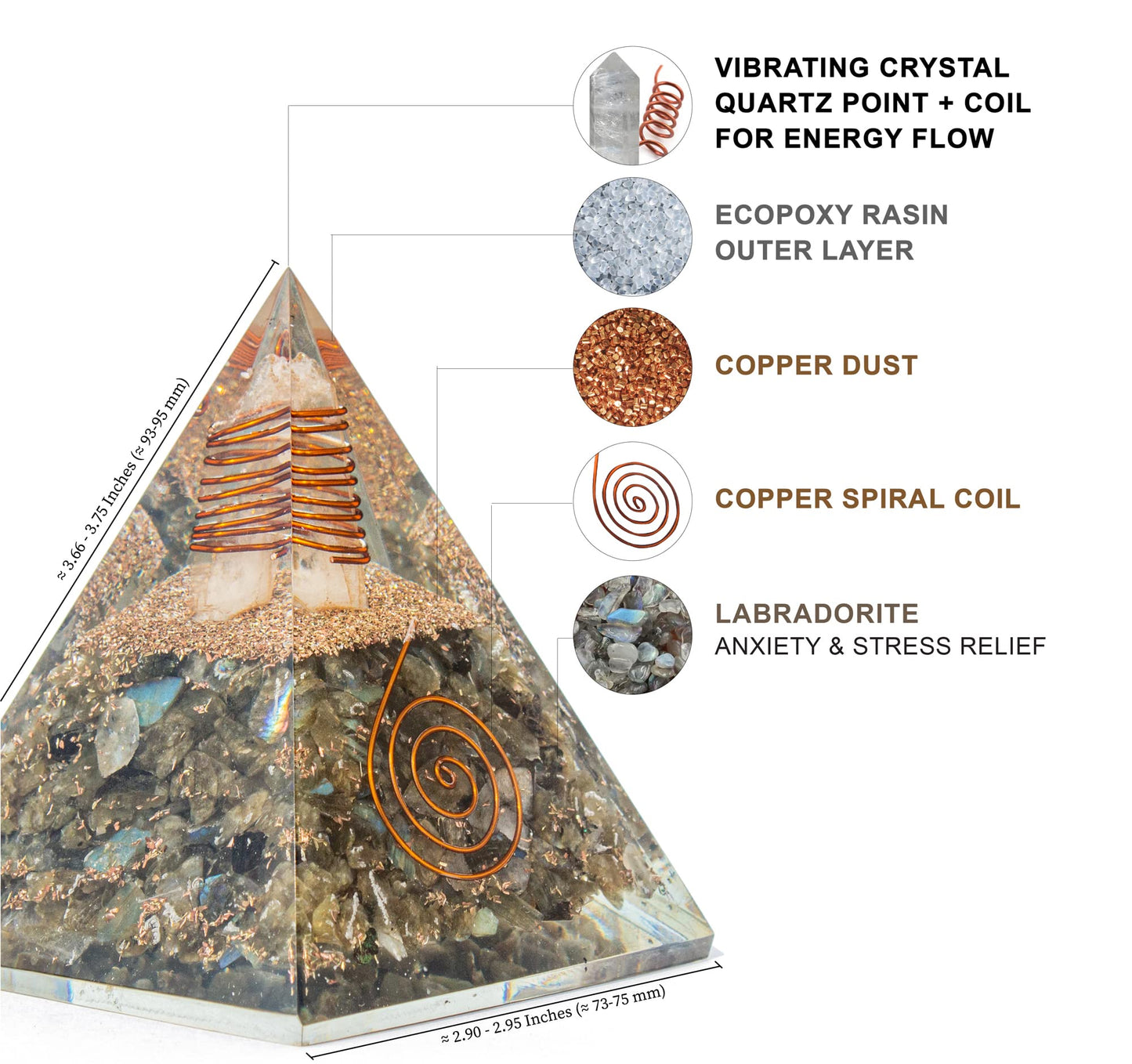 Selenite Orgonite Pyramid for Clarity, Emotional Healing, Spiritual Connection | Orgonite orgone pyramids with Copper Coil and Crystal Quartz for Chakra Protection (Selenite)