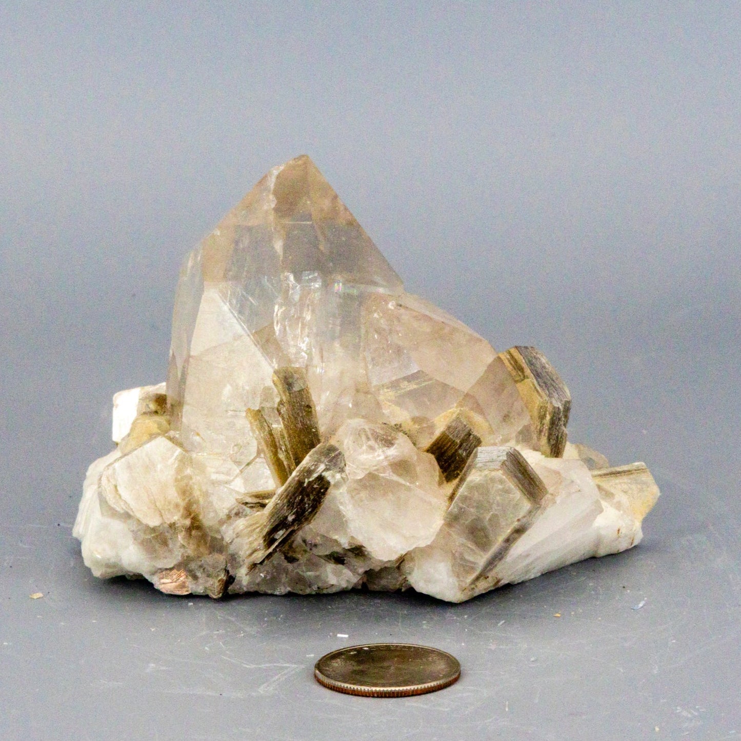Clear quartz crystal formation with a penny for scale on a gray background