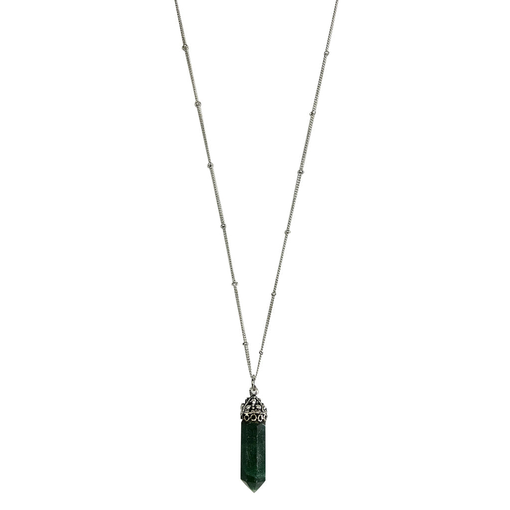 Necklace with a green aventurine crystal pendant on a white background
