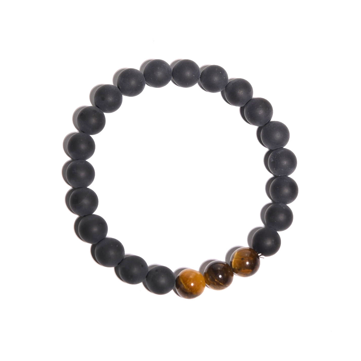 Black beaded bracelet with three brown beads on a white background
