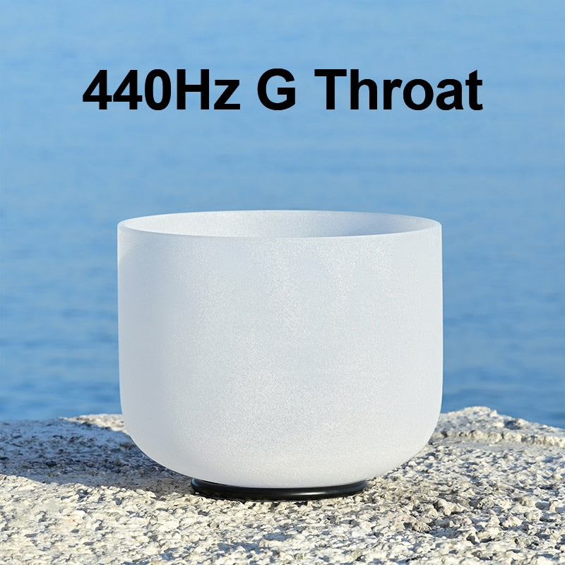 White singing bowl with '440Hz G Throat' text against a blue water background
