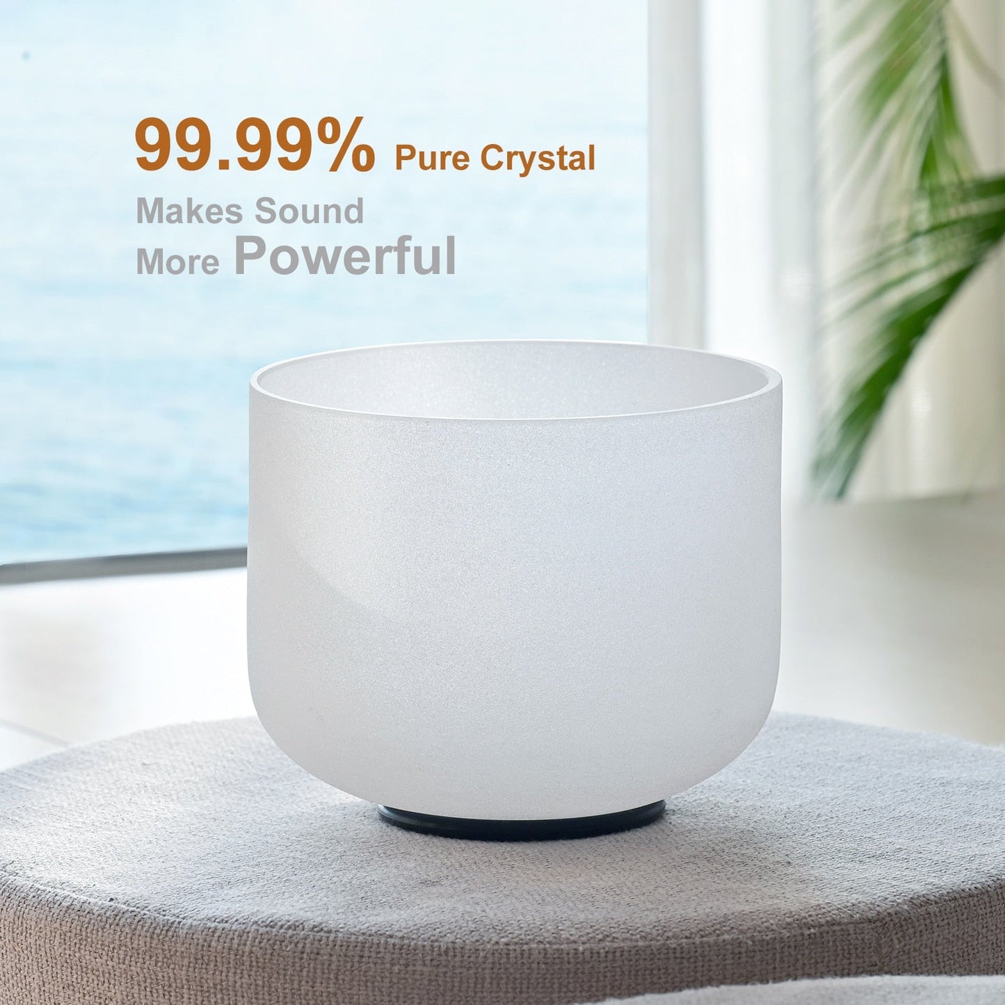 White crystal singing bowl on a surface with text about purity and sound power.