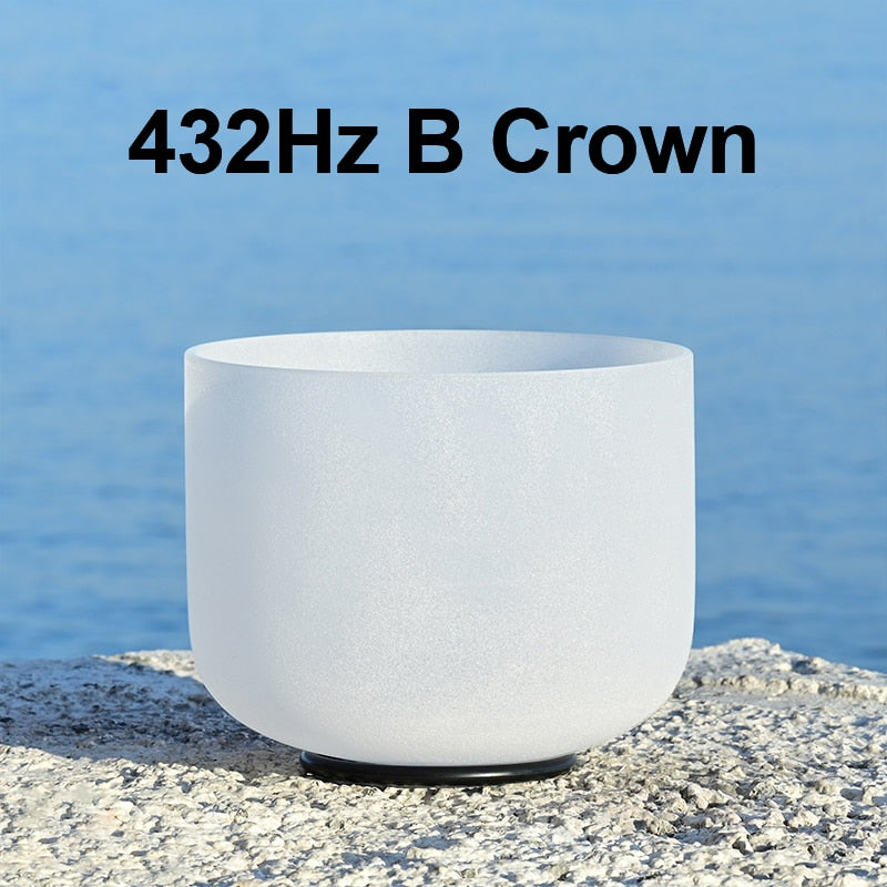 White singing bowl labeled '432Hz B Crown' on a blue water background