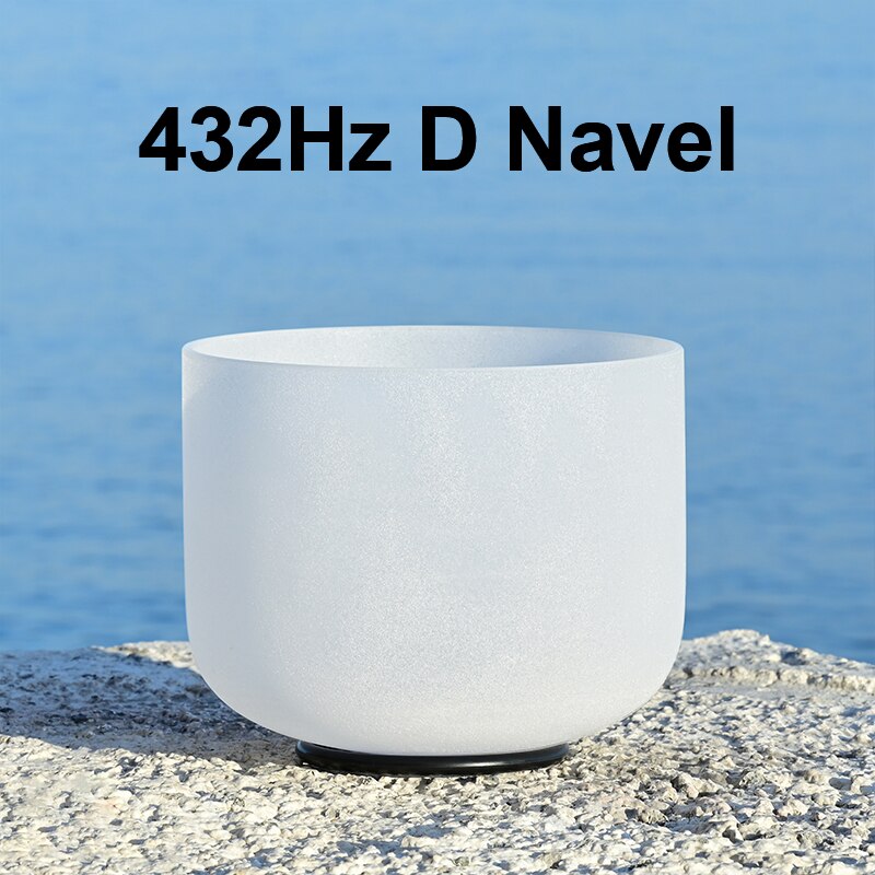 White singing bowl with '432Hz D Navel' text against a blue water background