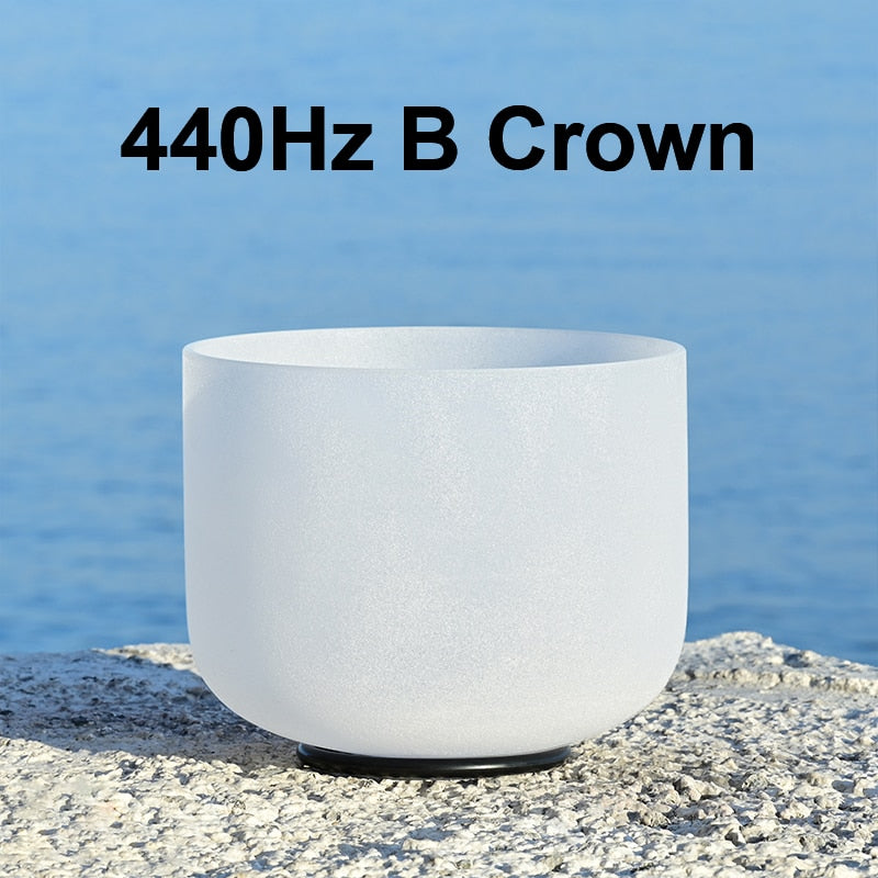White singing bowl labeled '440Hz B Crown' on a blue background