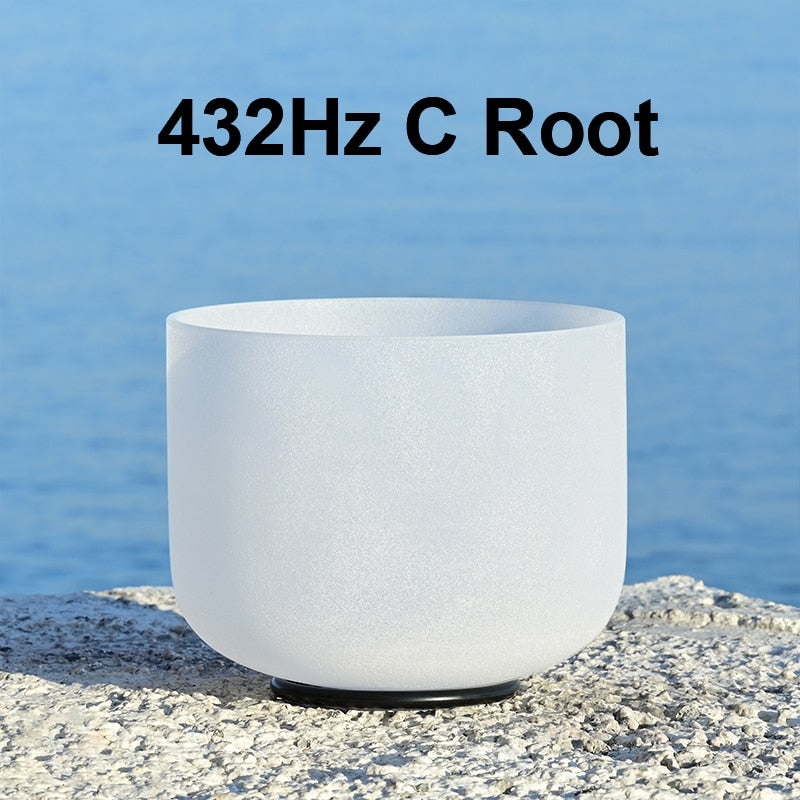 White singing bowl labeled '432Hz C Root' on a blue water background