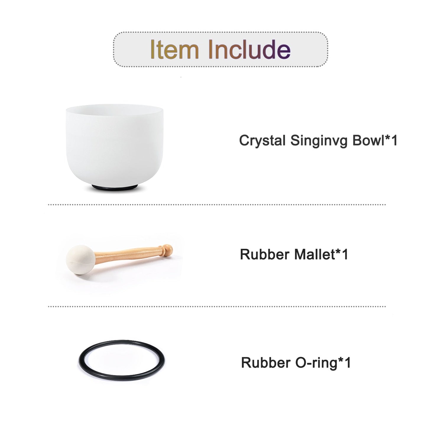 Crystal singing bowl with rubber mallet and O-ring on a white background