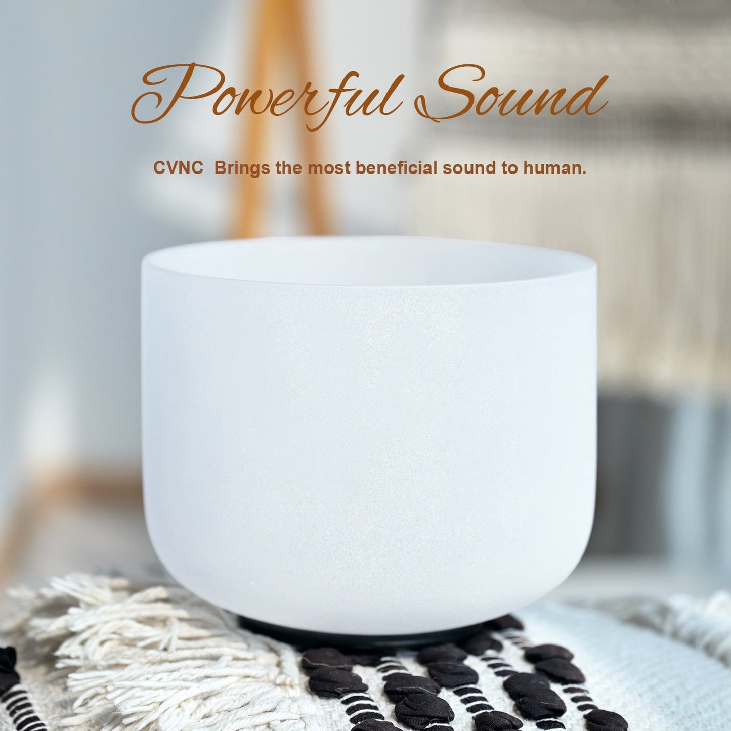 White singing bowl with 'Powerful Sound' text on a blurred background