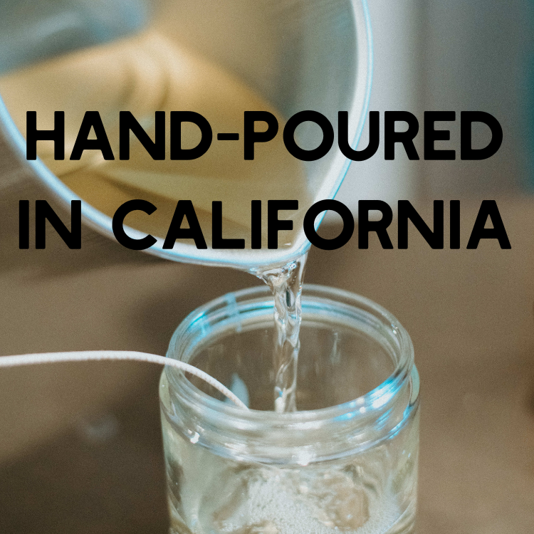 Glass jar being filled with liquid from a container, with 'Hand-Poured in California' text overlay.