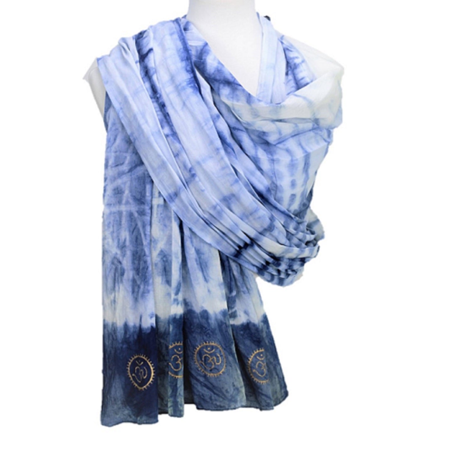 Blue and white tie-dye scarf with a brand logo on a mannequin against a white background