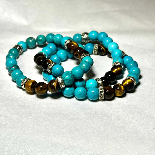 Blue Howlite and Tiger Eye Round Bead Bracelet 8mm - Balanced Emotions Sacred Crystals