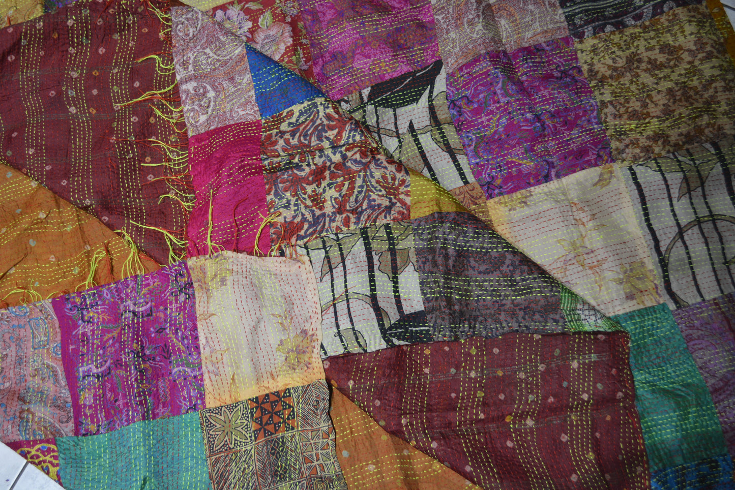 Hand stitched Kantha silk throw