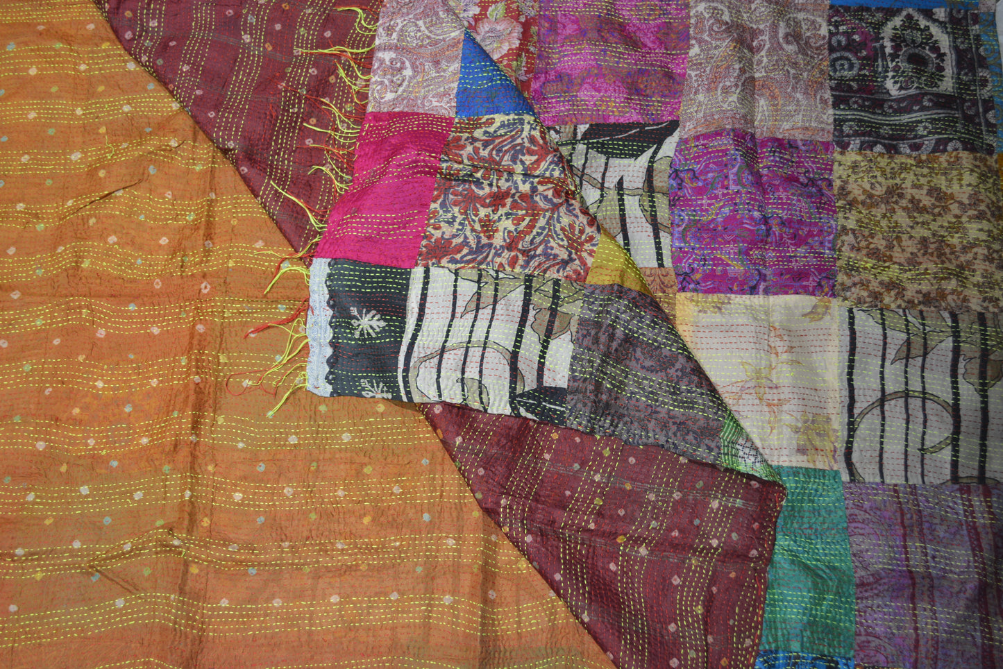 Hand stitched Kantha silk throw