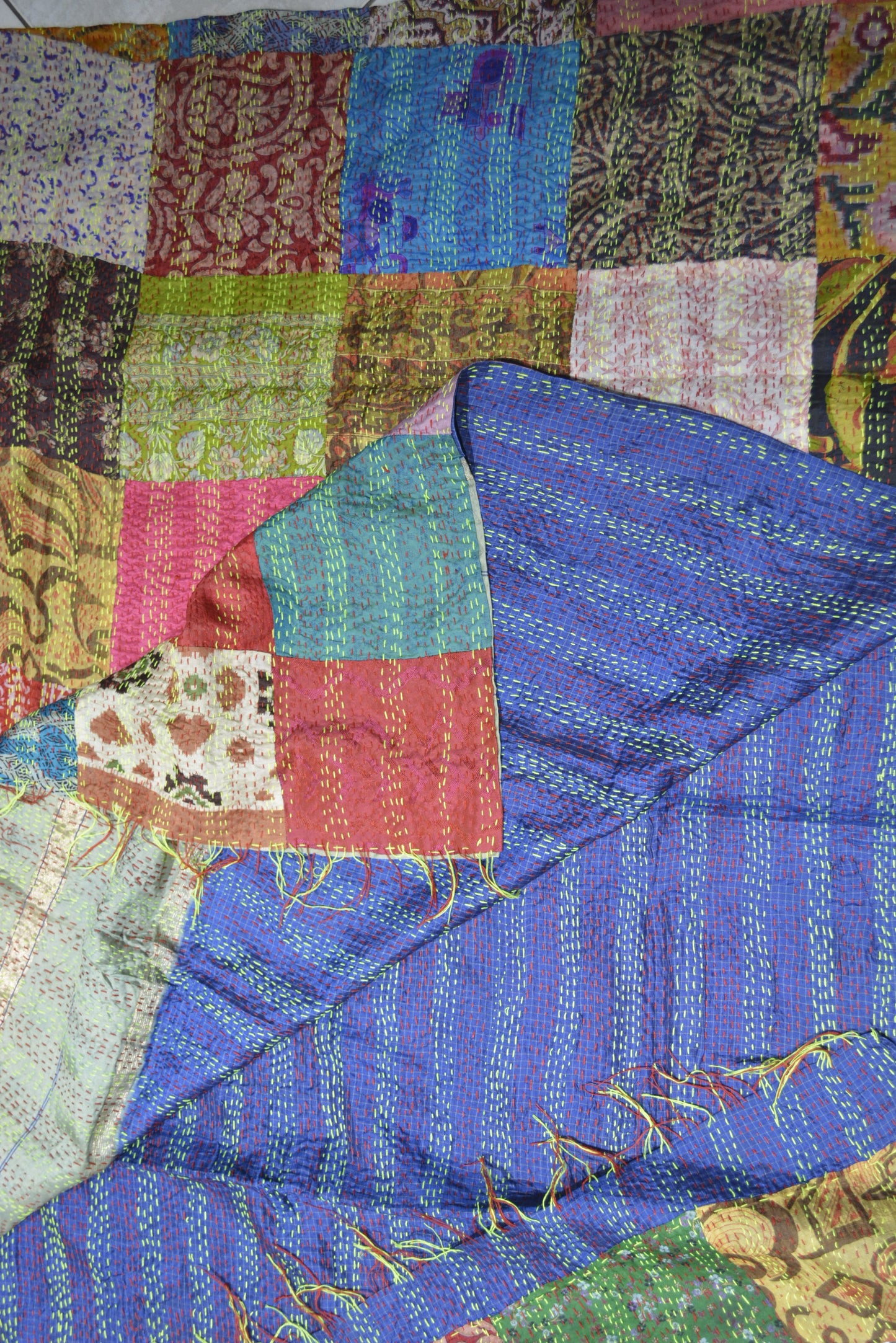 Hand stitched Kantha silk throw