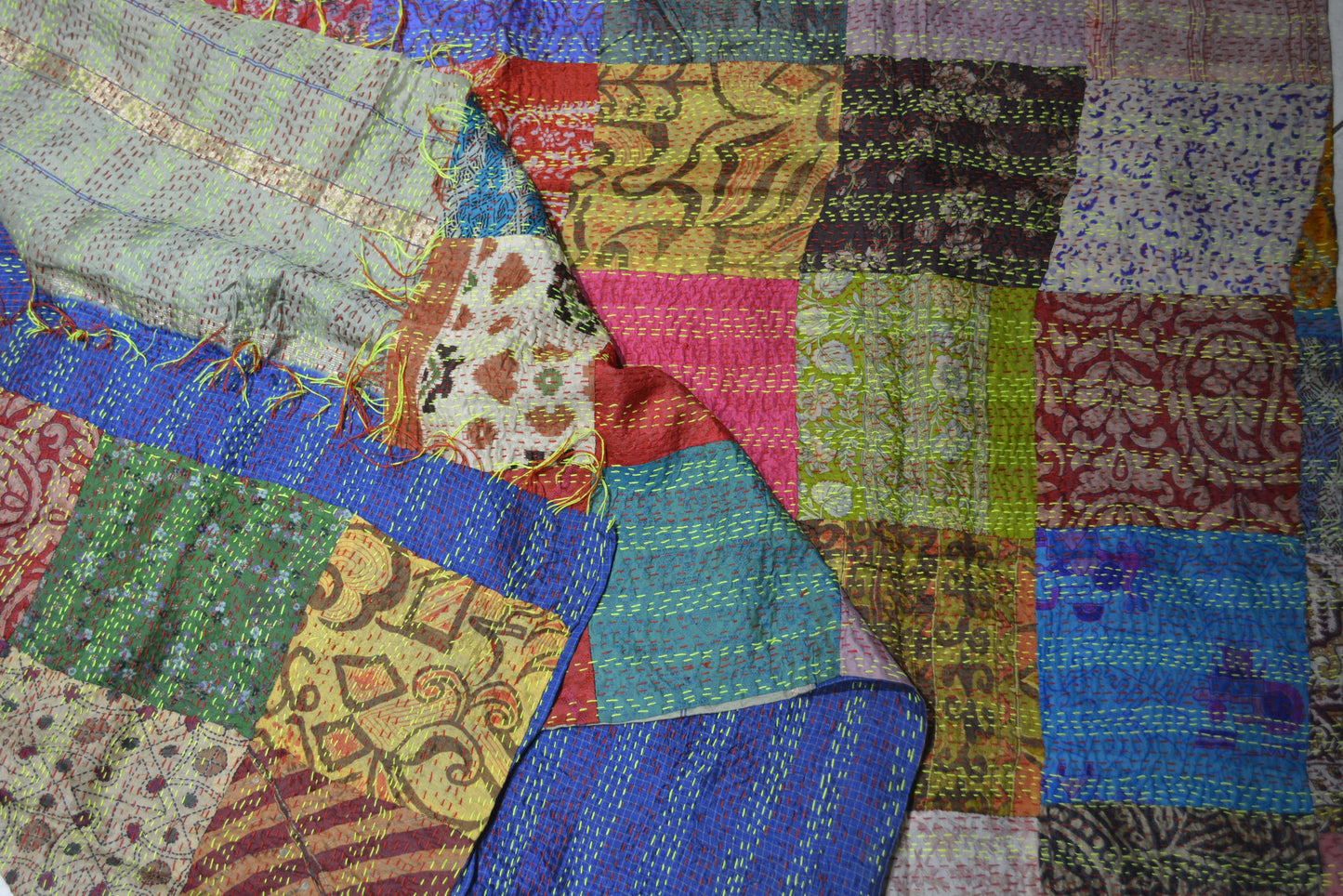 Hand stitched Kantha silk throw