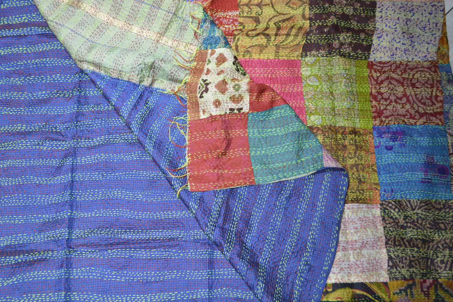 Hand stitched Kantha silk throw