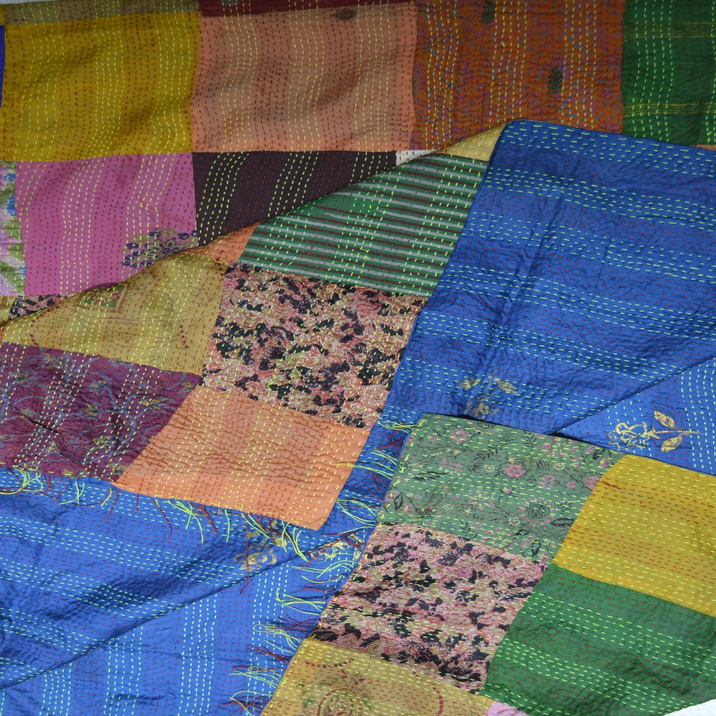 Hand stitched Kantha silk throw