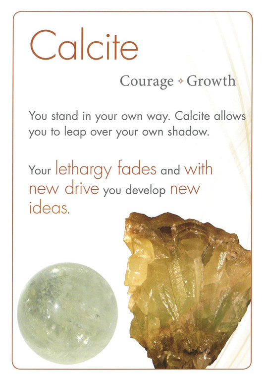 Calcite crystal with a description of its properties on a beige background