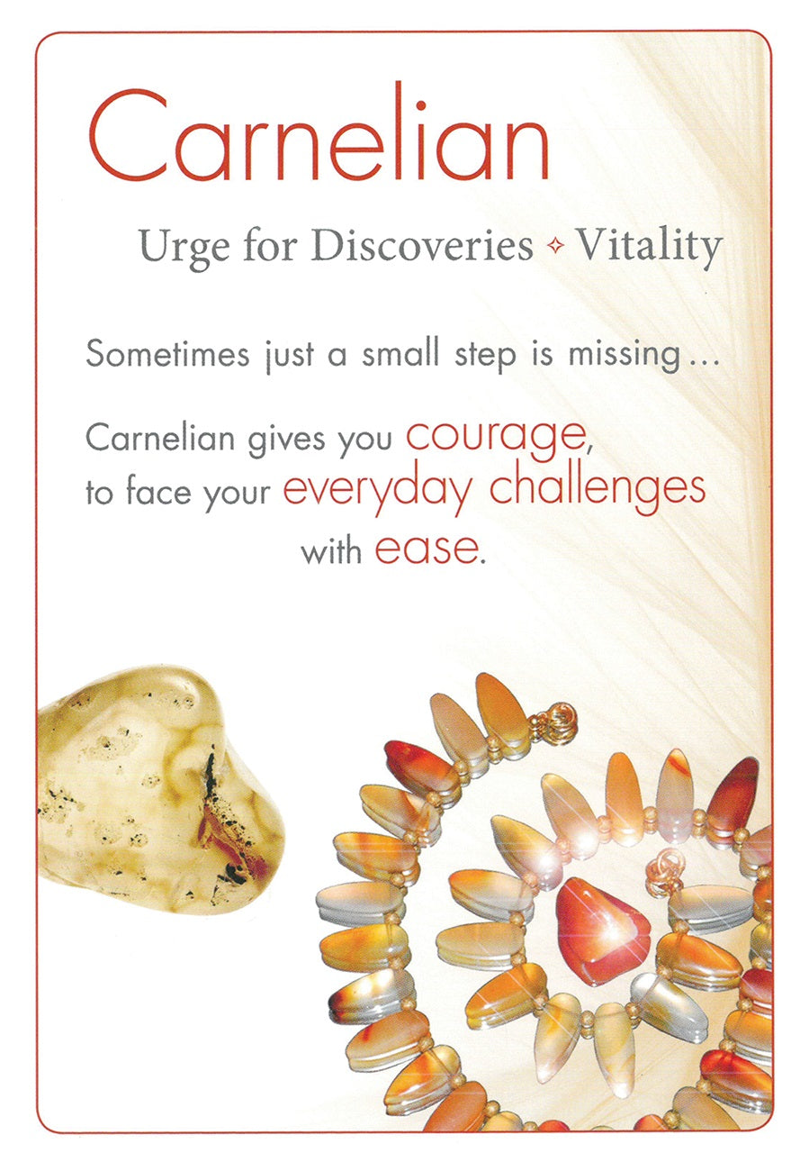 Carnelian stone and necklace with descriptive text on a beige background