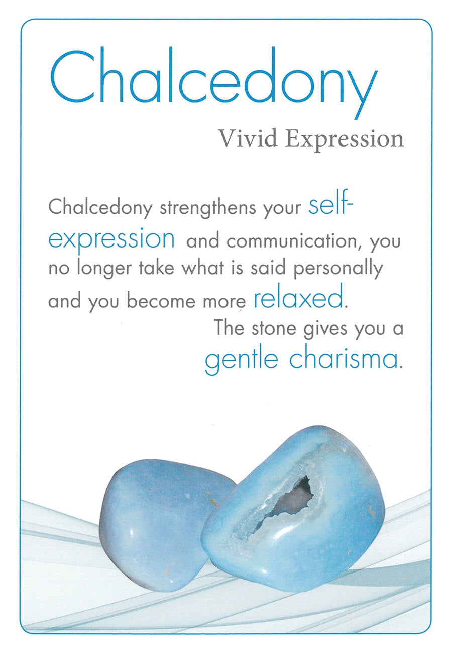 Blue chalcedony stone with descriptive text about its properties on a light blue background
