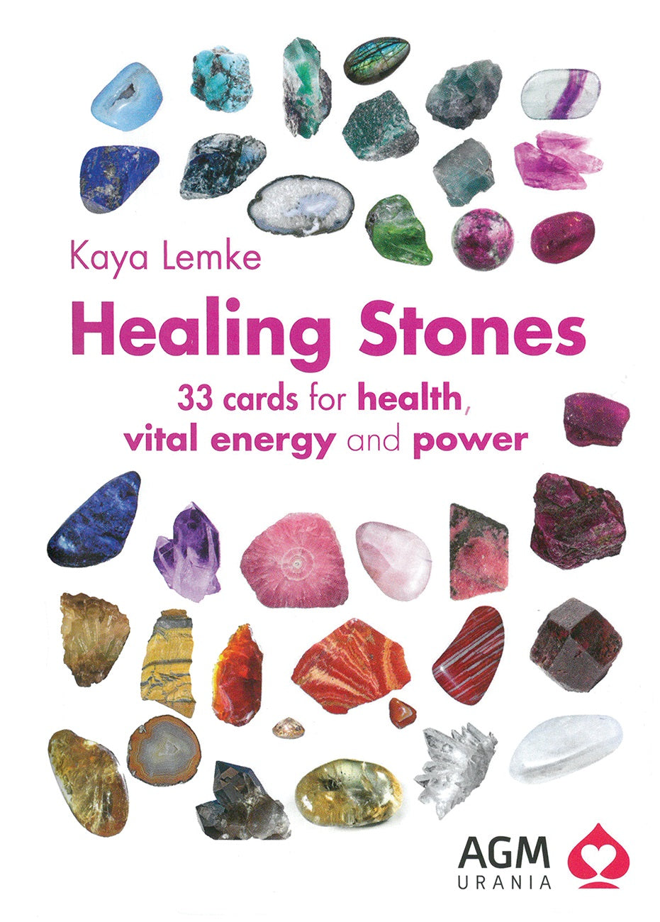 Book cover of 'Healing Stones' by Kaya Lemke with images of various crystals.