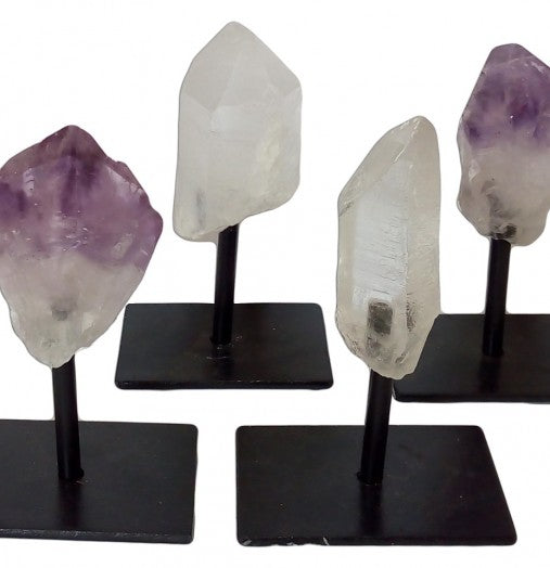 Four crystal specimens on black stands against a white background