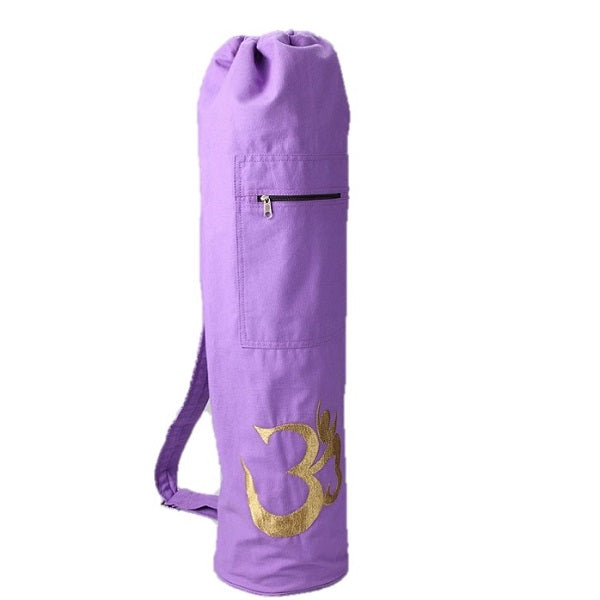Purple yoga bag with a gold symbol on a white background