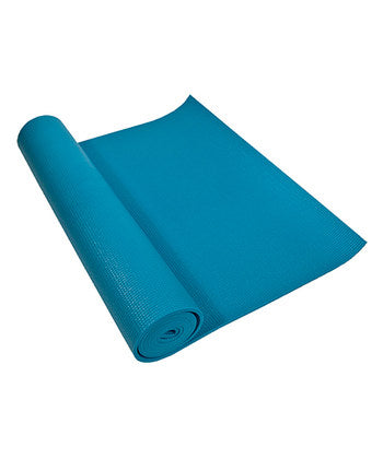 Blue yoga mat rolled up on a white background