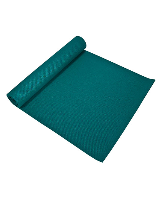 Teal yoga mat rolled up on a white background