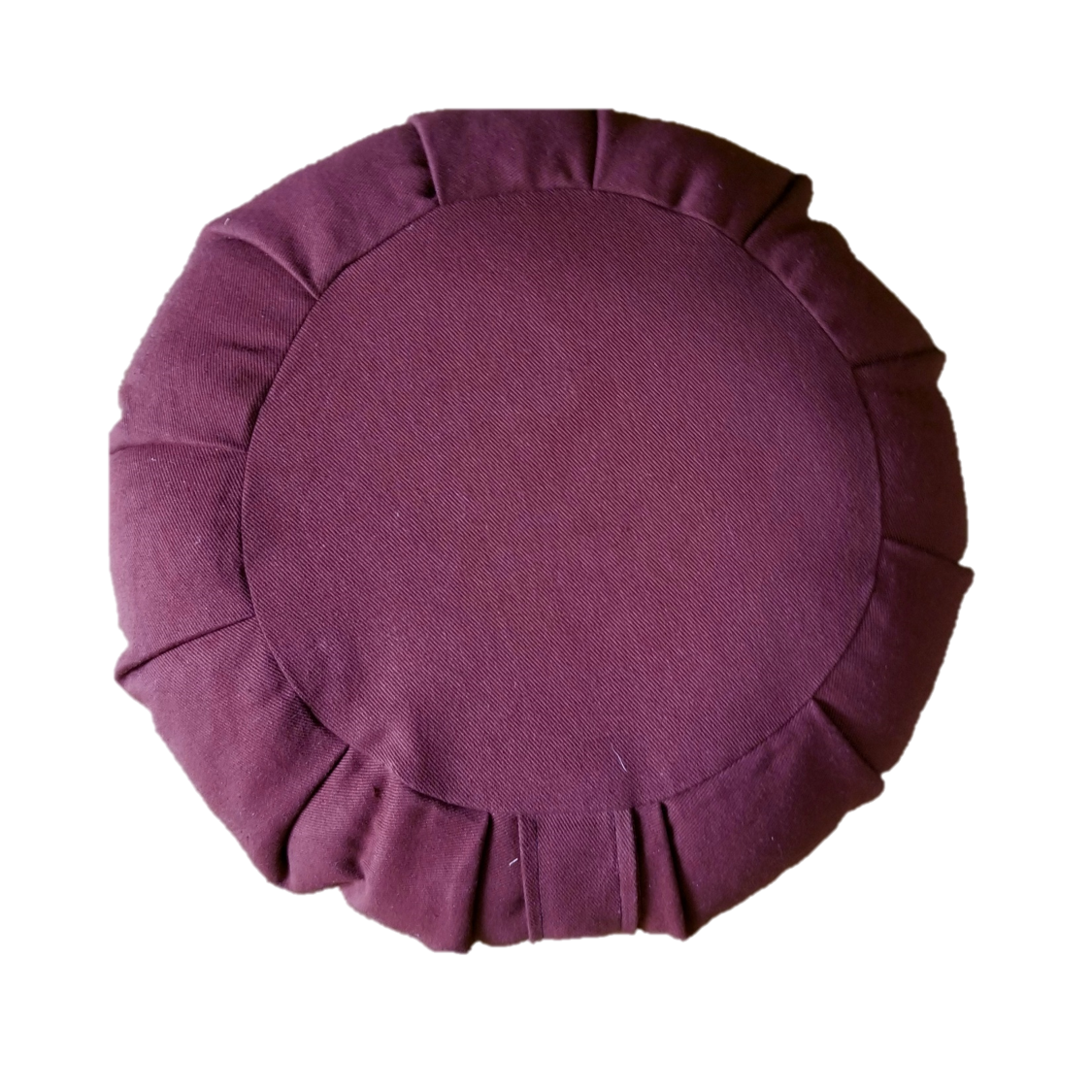 Round burgundy cushion with pleated edges on a white background