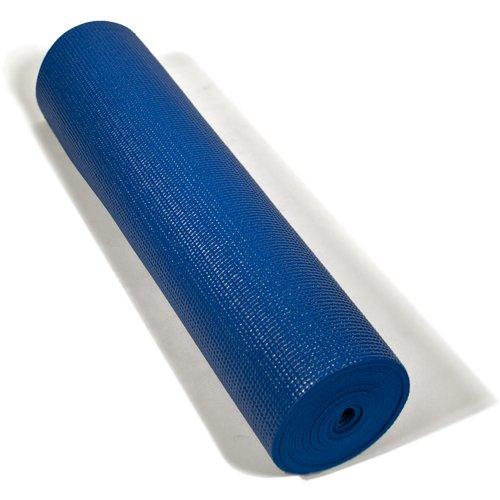 Blue yoga mat rolled up on a white background