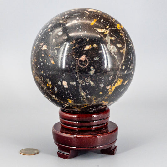 Decorative ocean jasper stone sphere on a wooden stand with a coin for scale on a white background