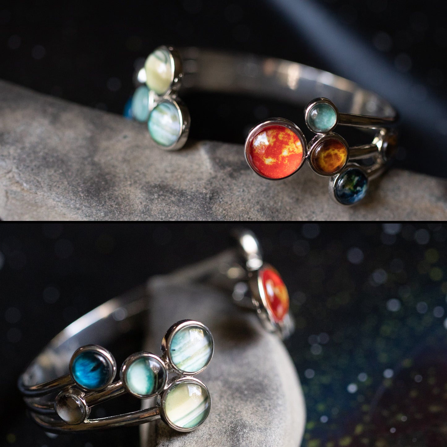 Silver bracelets with colorful gemstones on a dark background