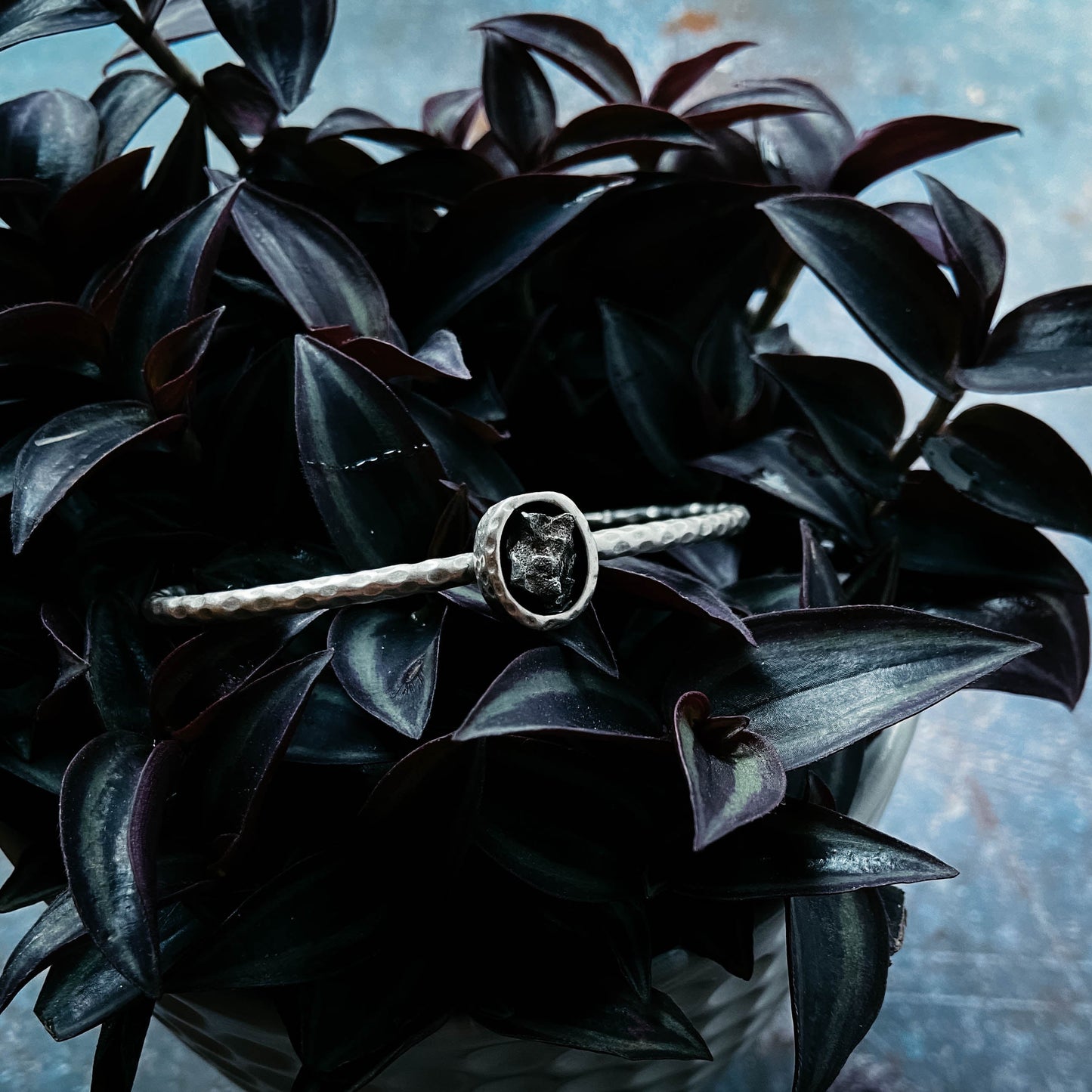 Silver bracelet with meteorite on dark green leaves