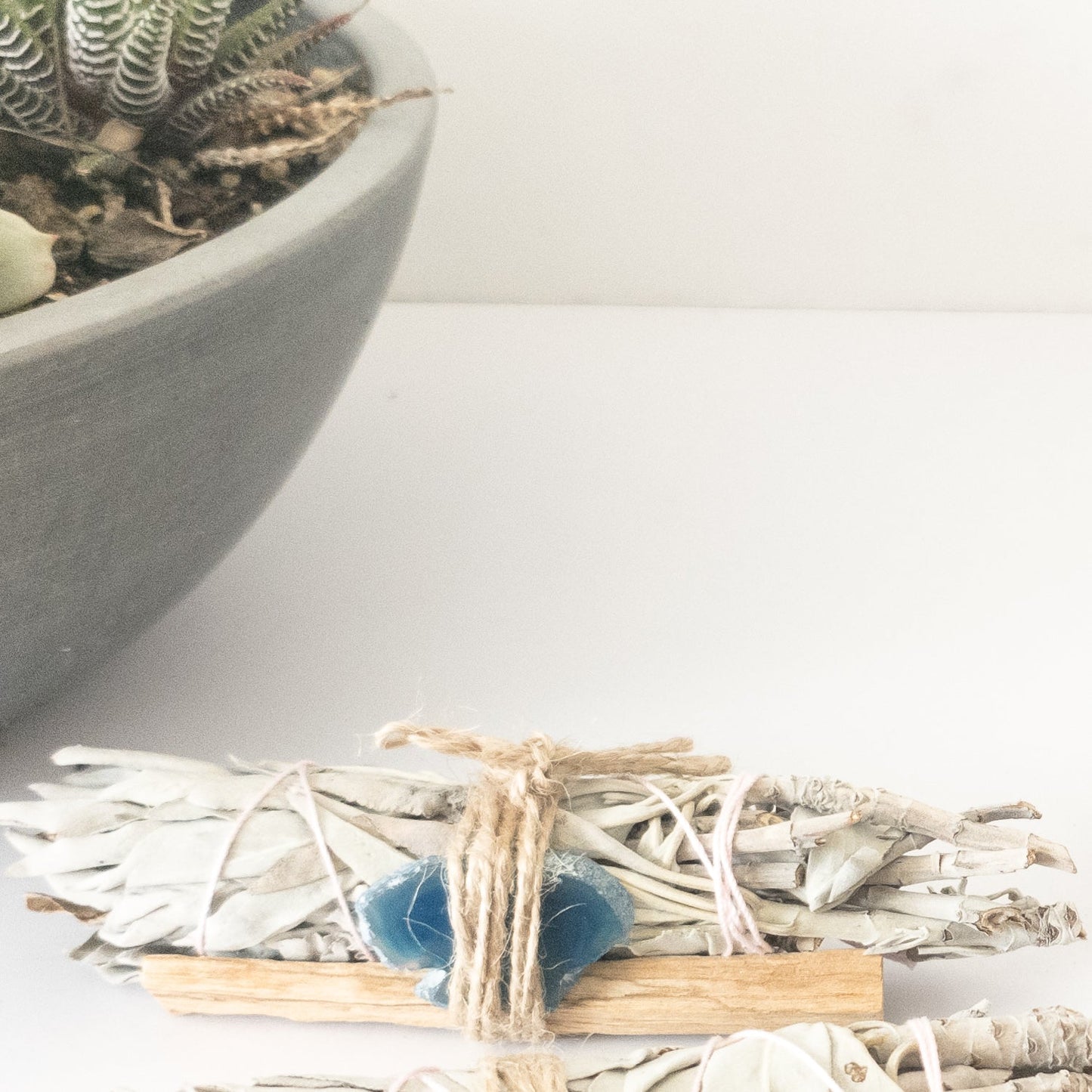 Bundle of sage, palo santo and crystal on a white surface, with a potted plant in the background.