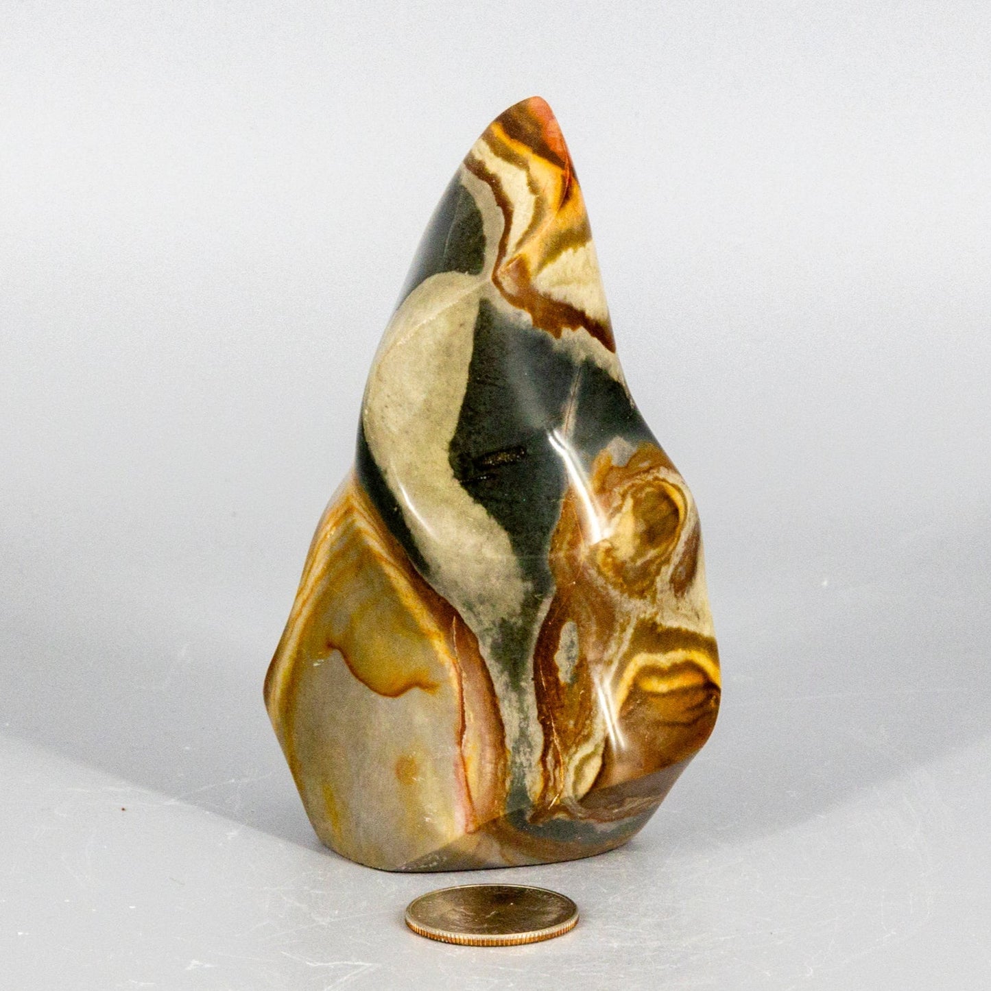 Marbled polychrome jasper flame stone with a coin for scale on a white background