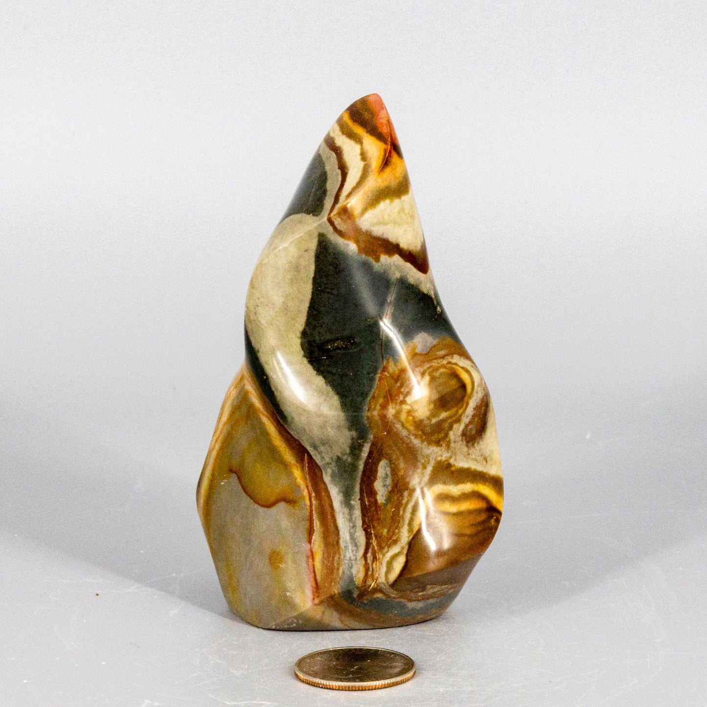 Marbled polychrome jasper flame stone with a penny for scale on a white background
