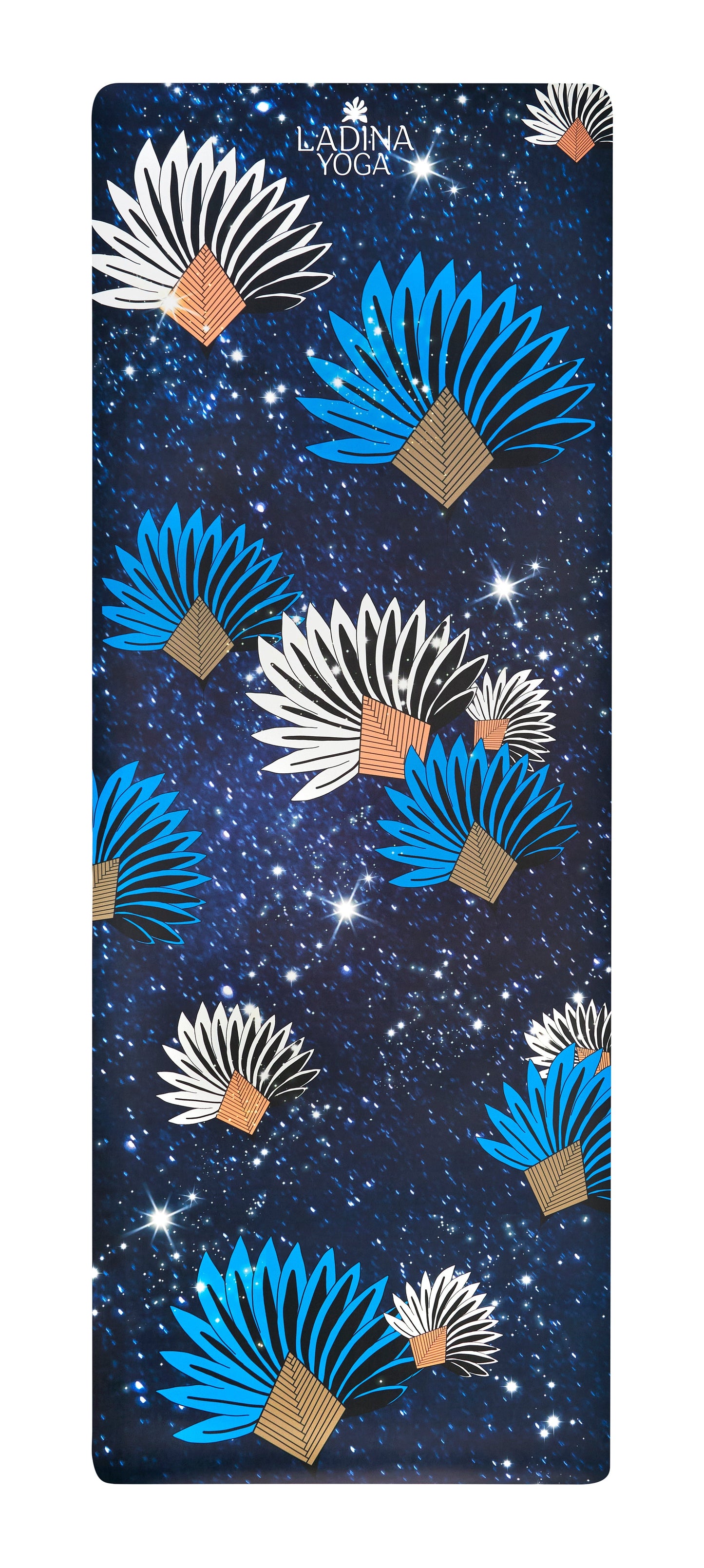 Yoga mat with fan pattern on a dark blue background