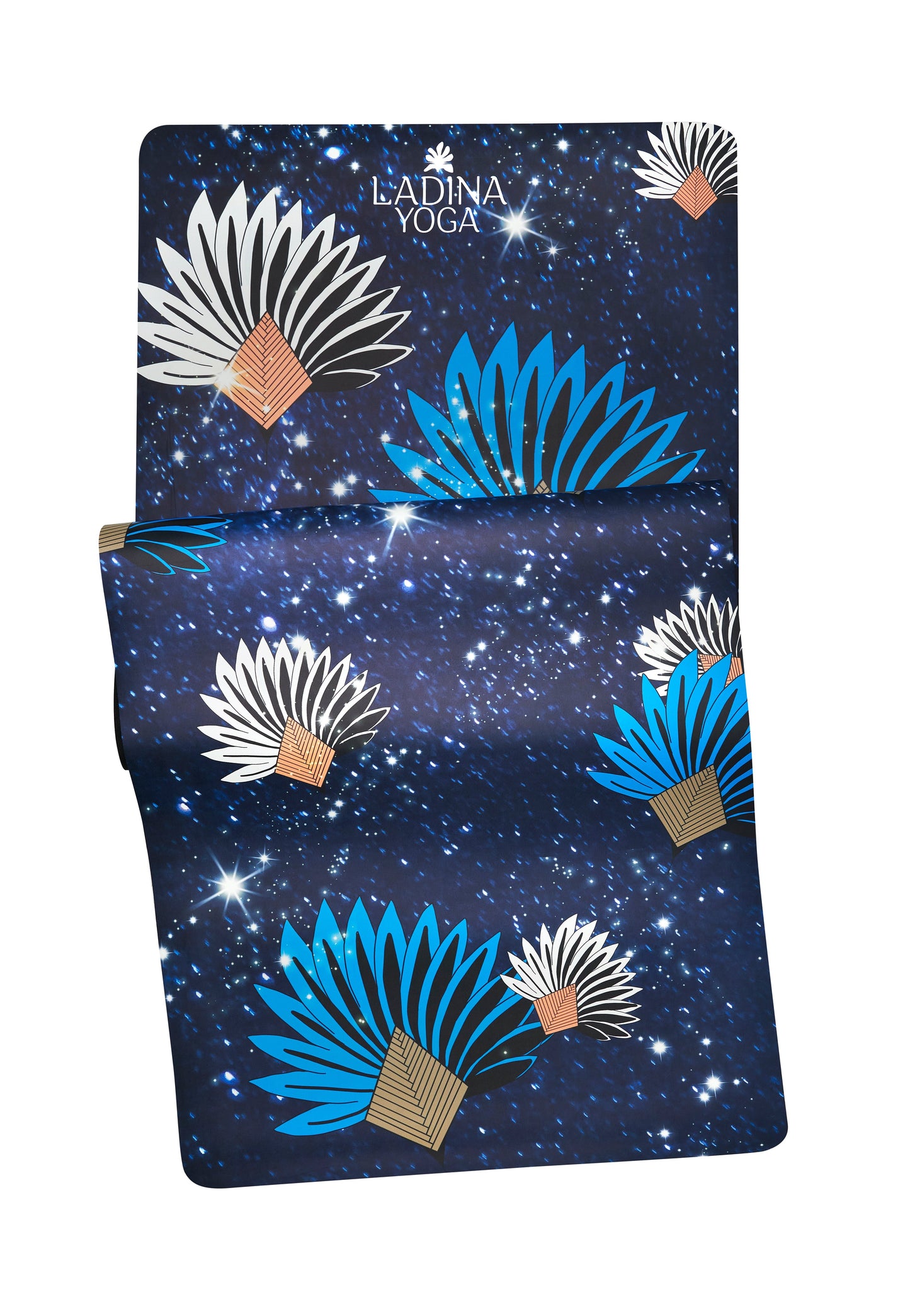 Yoga mat with starry night design on a white background