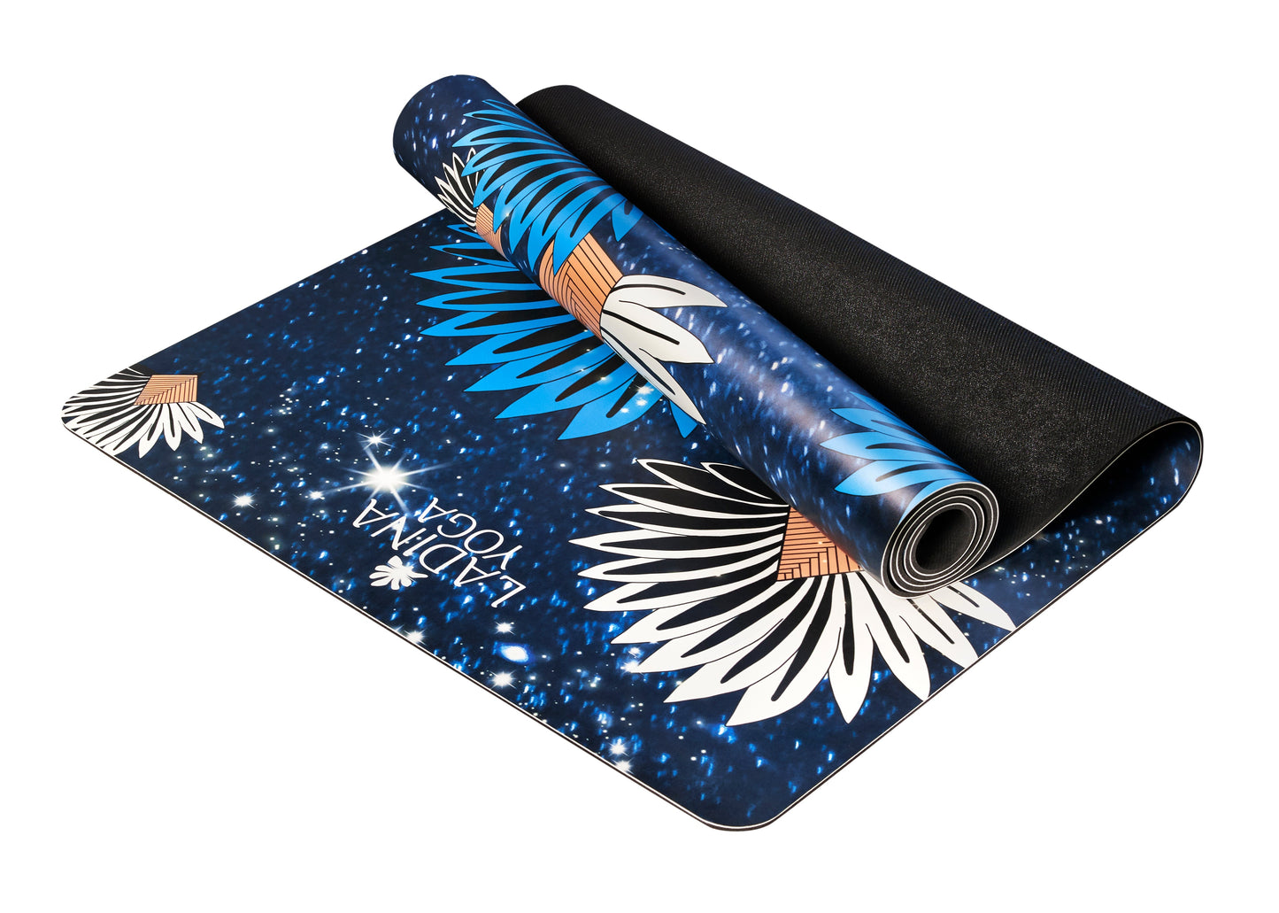 Yoga mat with floral design and brand name on a white background