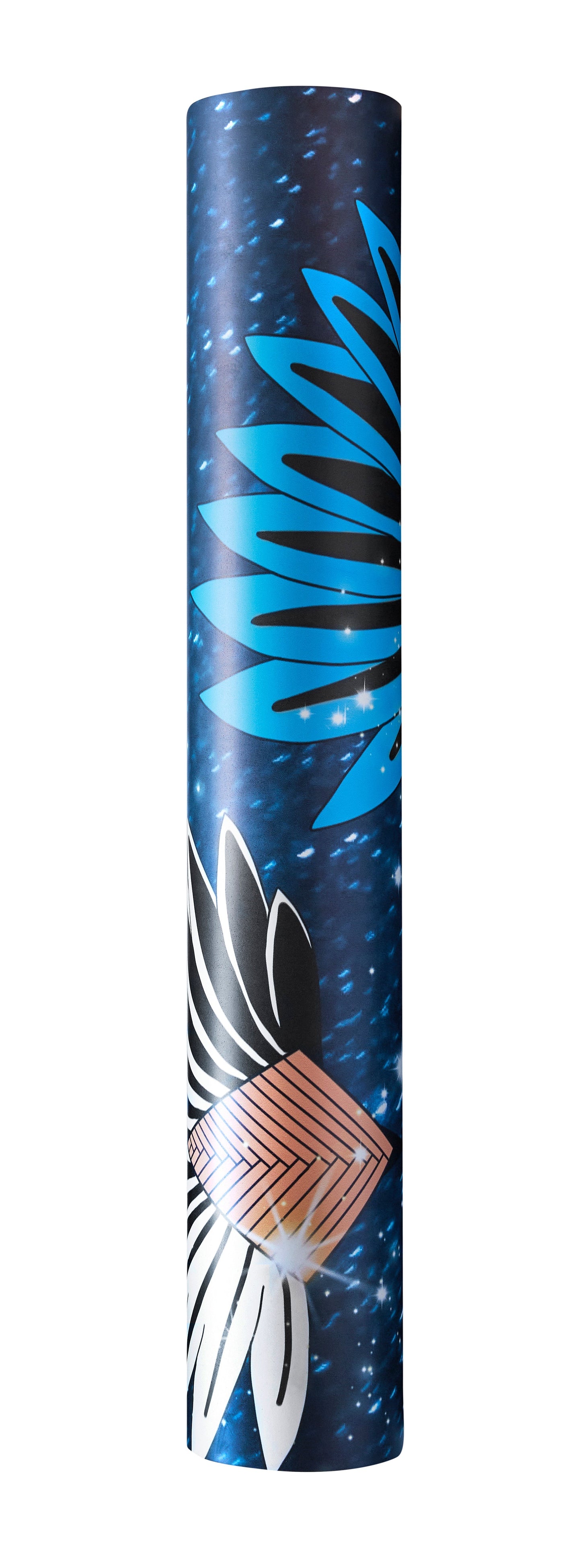 Blue yoga mat with decorative patterns on a white background