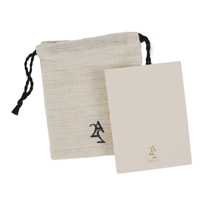 Beige drawstring bag and card with a logo on a white background