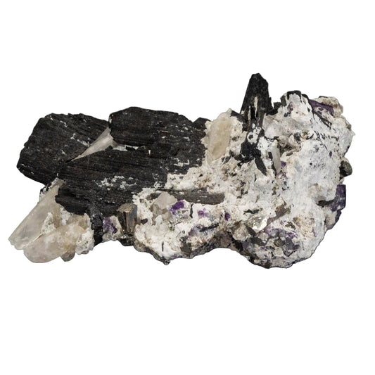 Namibian quartz, black tourmaline and purple fluorite cluster with black and white crystals on a white background