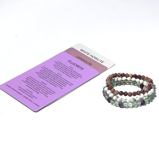 Set of three beaded bracelets on a white background with a purple information card.