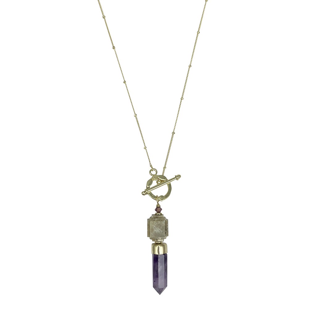 Necklace with a pendant featuring a purple crystal on a white background