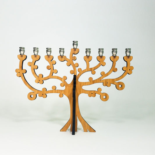 Wooden Menorah with eight branches on a white background
