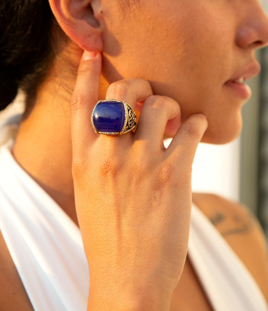 Blue Lace Agate Golden Statement Ring